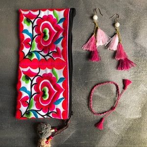 Pink Embroidered floral pouch Bundle Gift Set